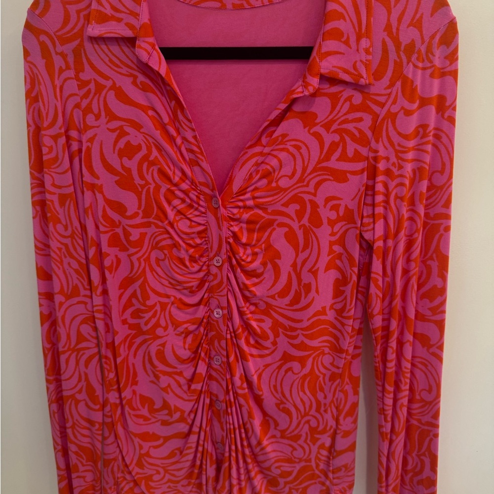 Hot Pink Long Sleeve Blouse with Notched Collar and Ruched Detail